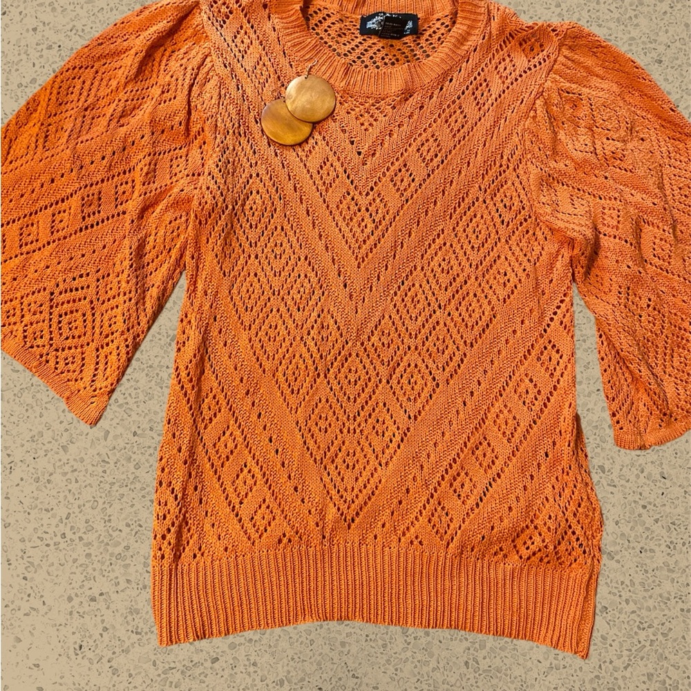 Orange Knit Sweater with Wooden Buttons